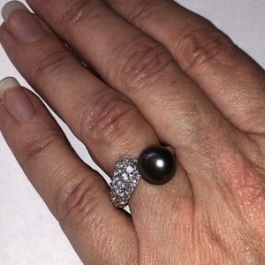 Black Pearl Bypass Ring CZ's Sz8.5 Hallmark CGI CN